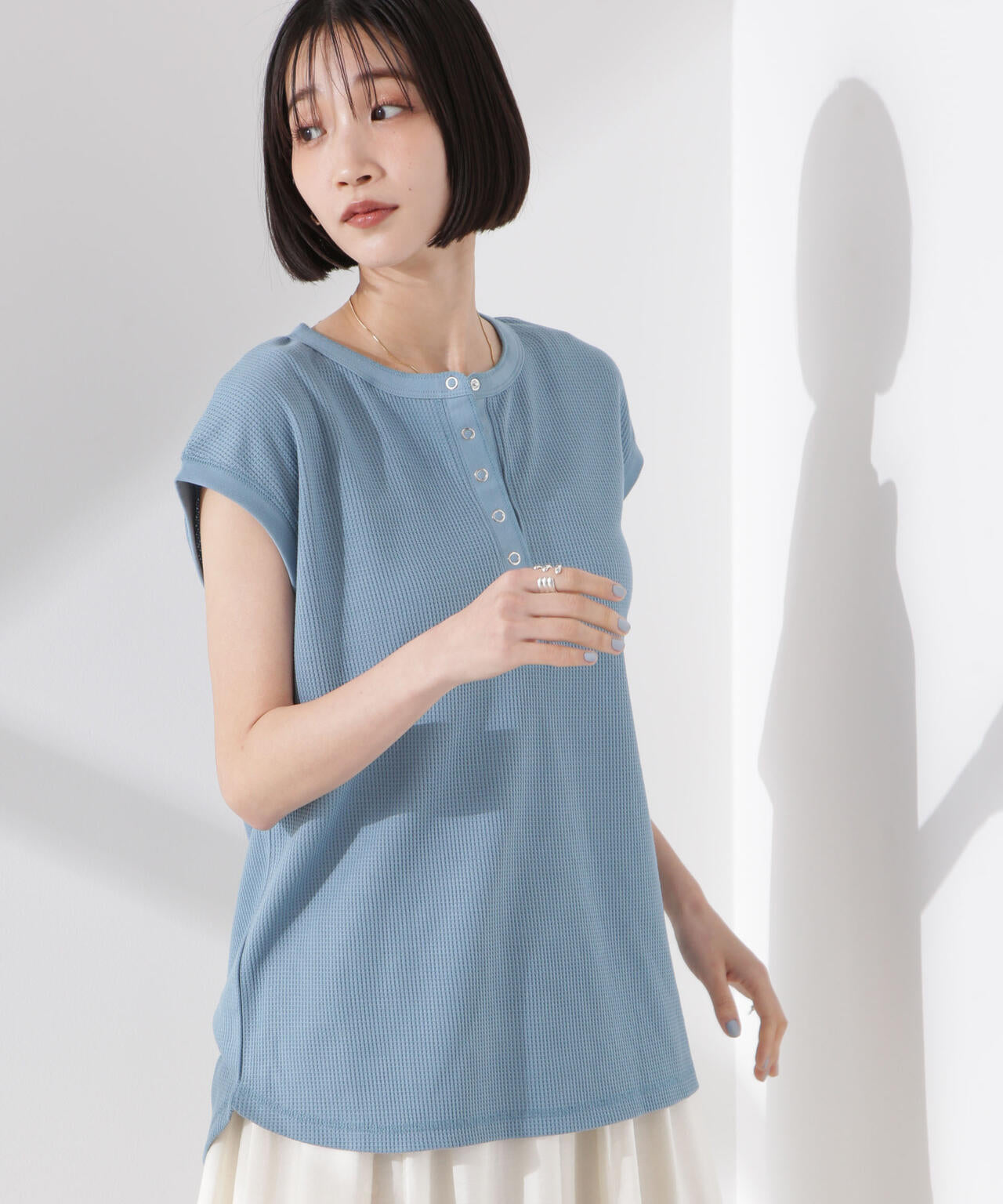 ワッフルヘンリーノースリーブトップス