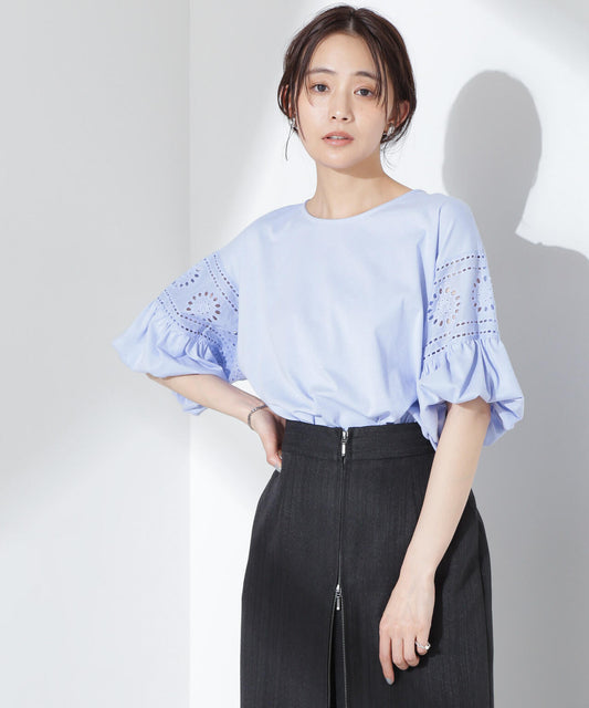 お花柄レース切替バルーンスリーブカットトップス