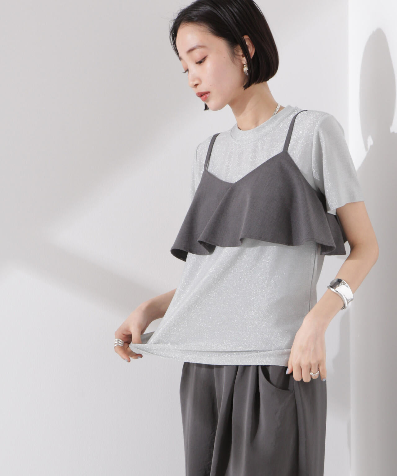 ラメカットクルーネックTシャツ