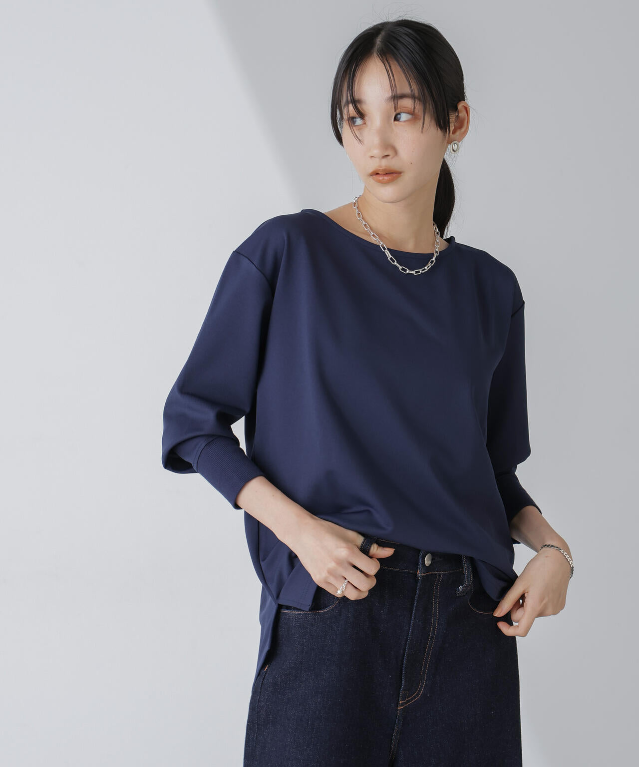 WEB限定/リブ付きれい見えジョーゼットカットソー