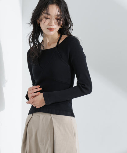 ホルターネックキャミ付きリブトップス