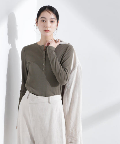 シアーリブヘンリーネックトップス