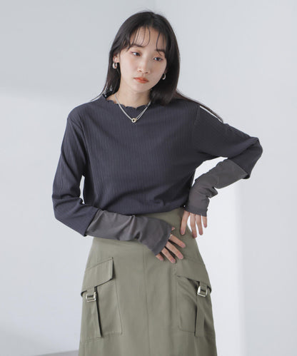 異素材コンビスリーブメロートップス