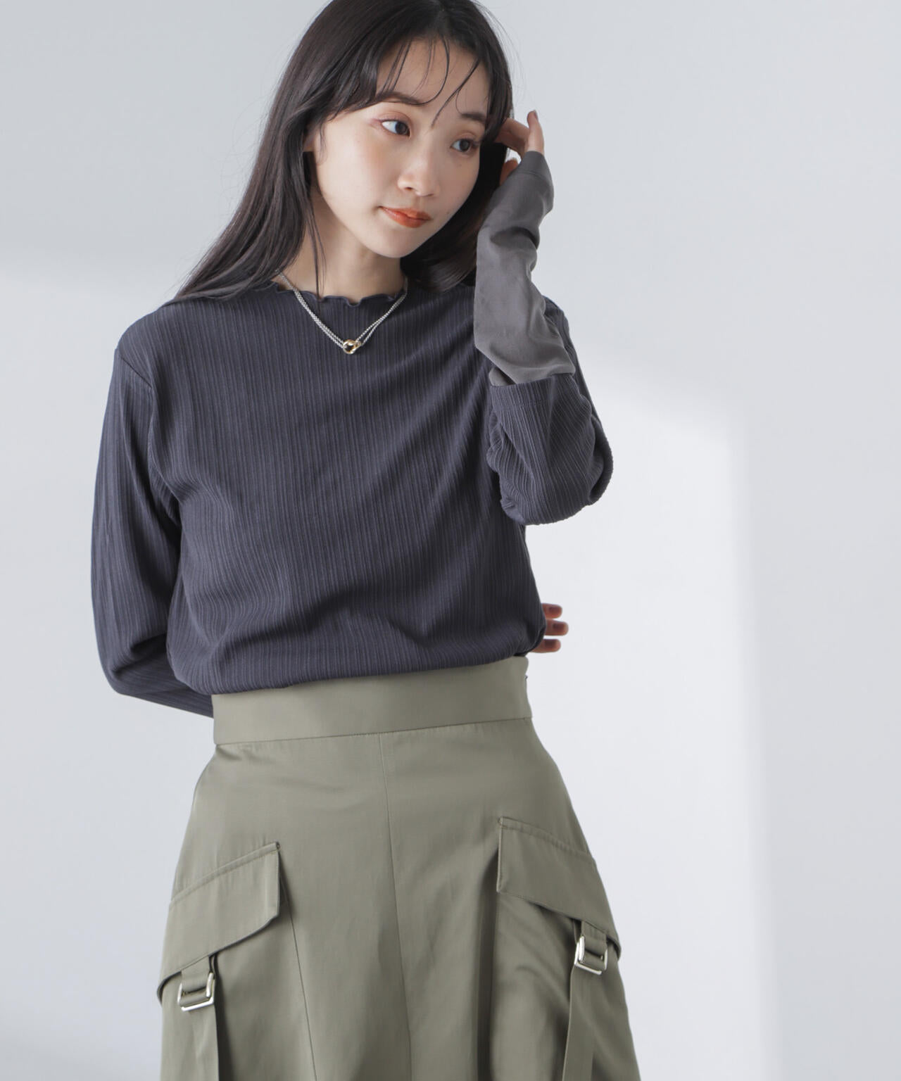 異素材コンビスリーブメロートップス