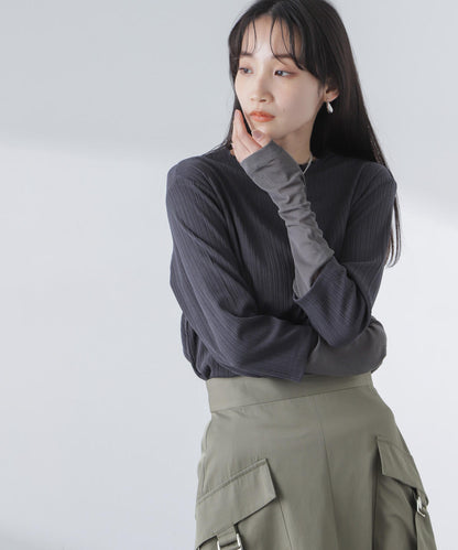 異素材コンビスリーブメロートップス