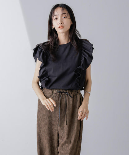 異素材コンビフリルスリーブカットトップス
