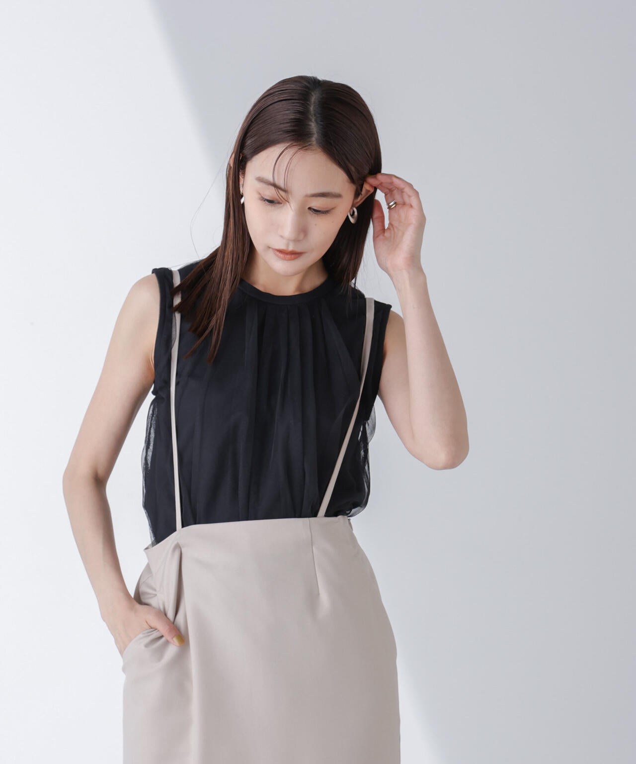 チュールドッキングカットノースリーブトップス