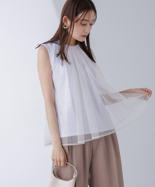 チュールドッキングカットノースリーブトップス