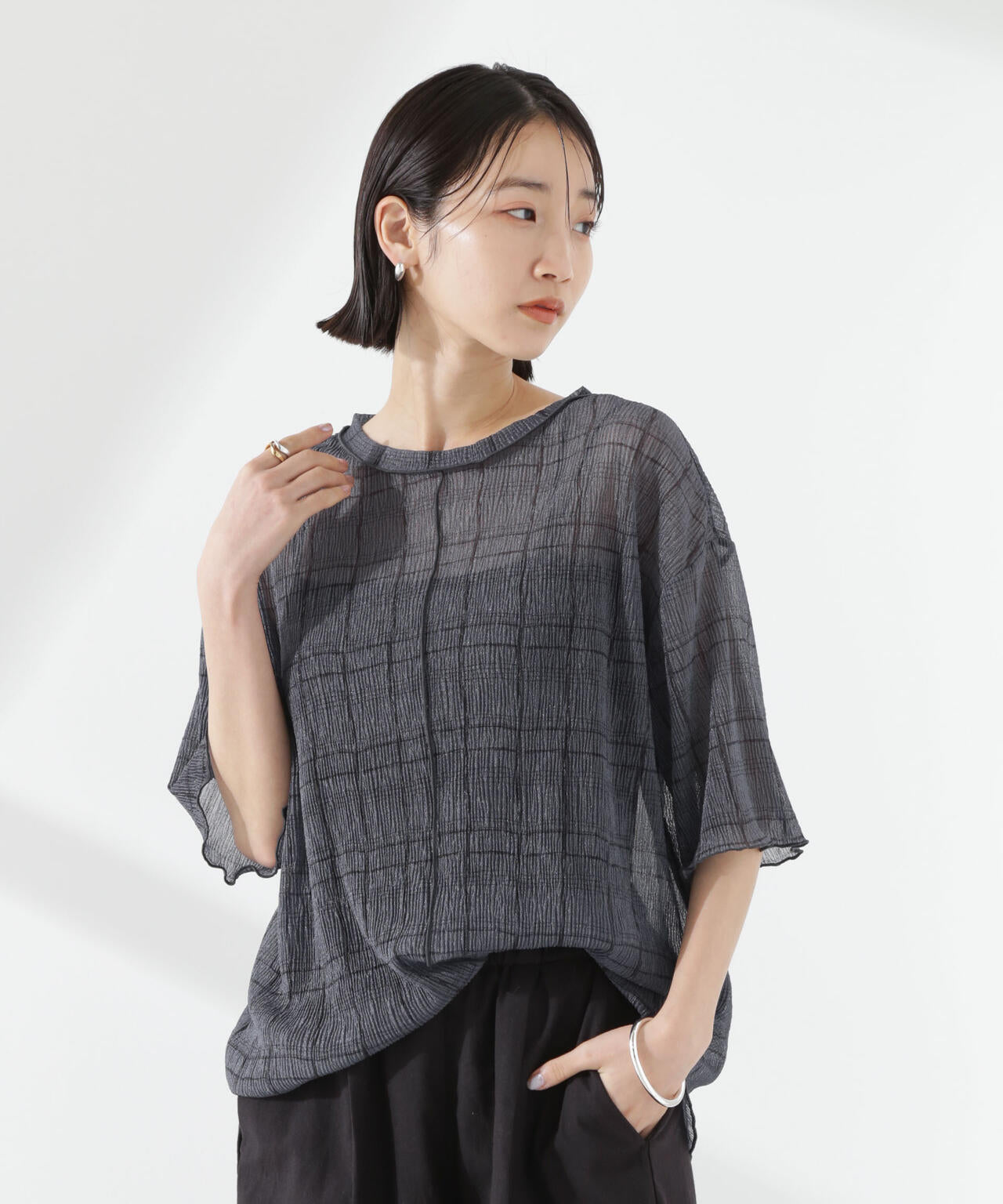 楊柳チェックシアーカットTシャツ