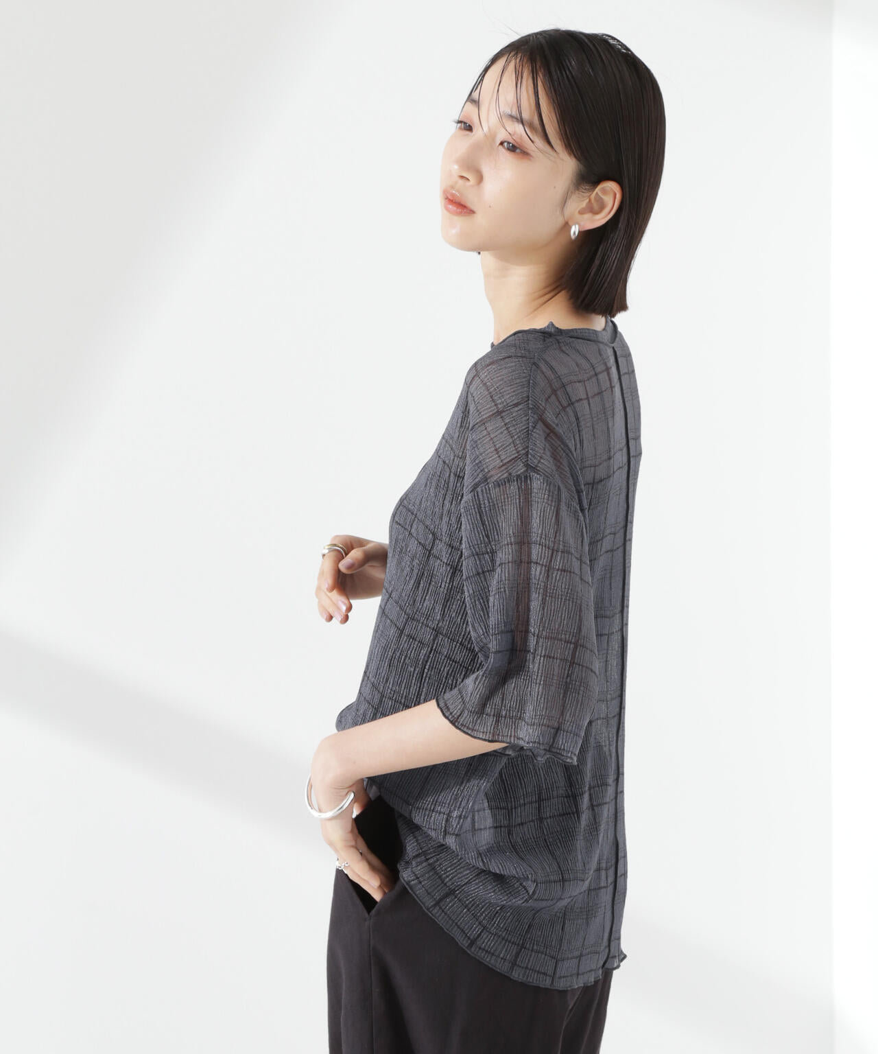 楊柳チェックシアーカットTシャツ