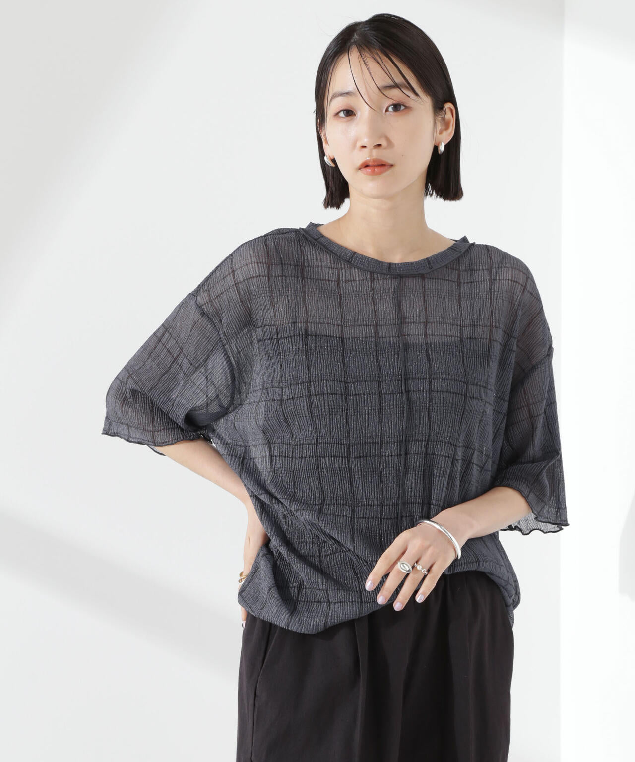 楊柳チェックシアーカットTシャツ