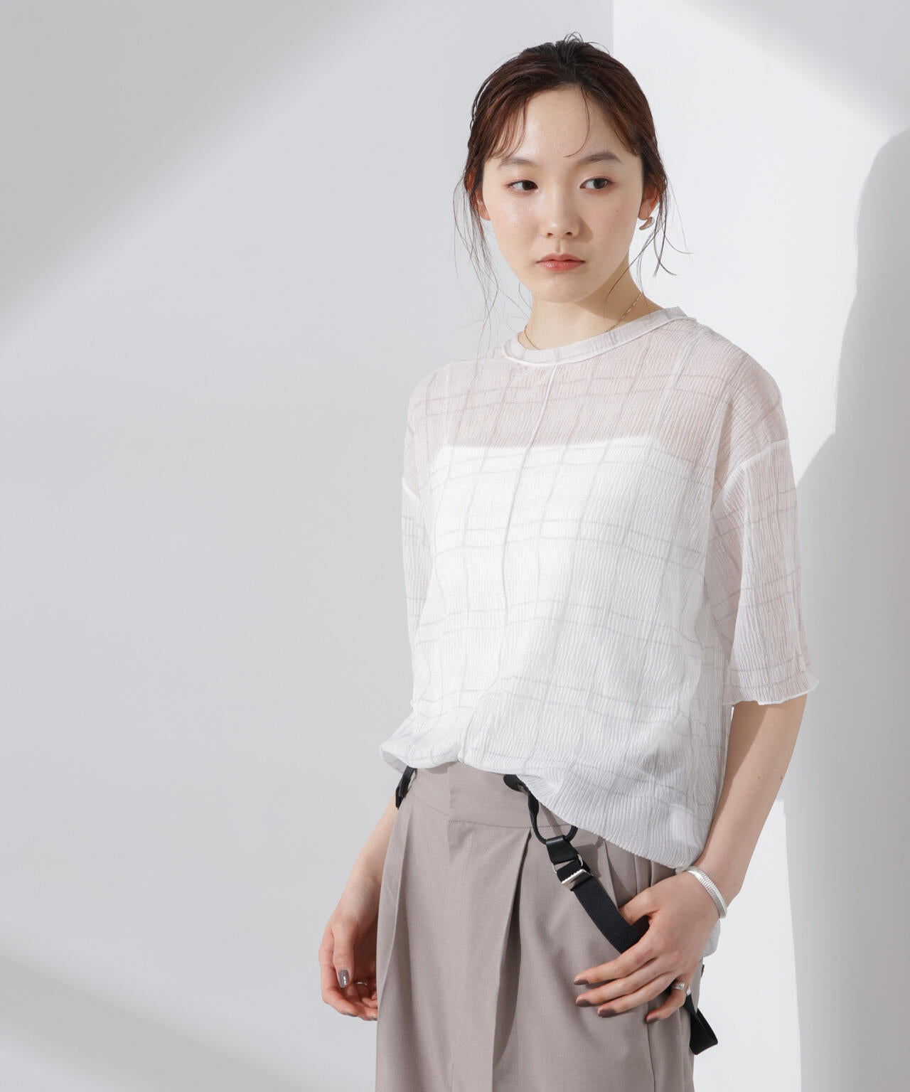 楊柳チェックシアーカットTシャツ