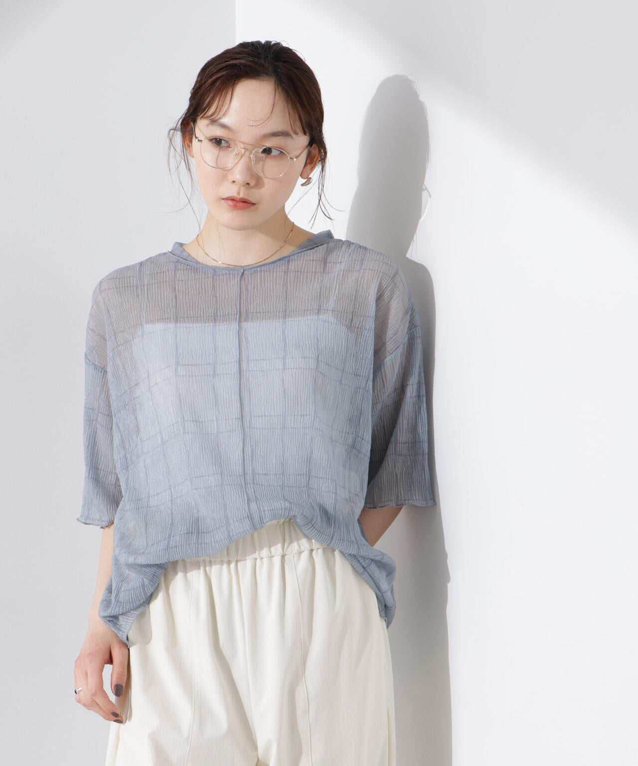 楊柳チェックシアーカットTシャツ