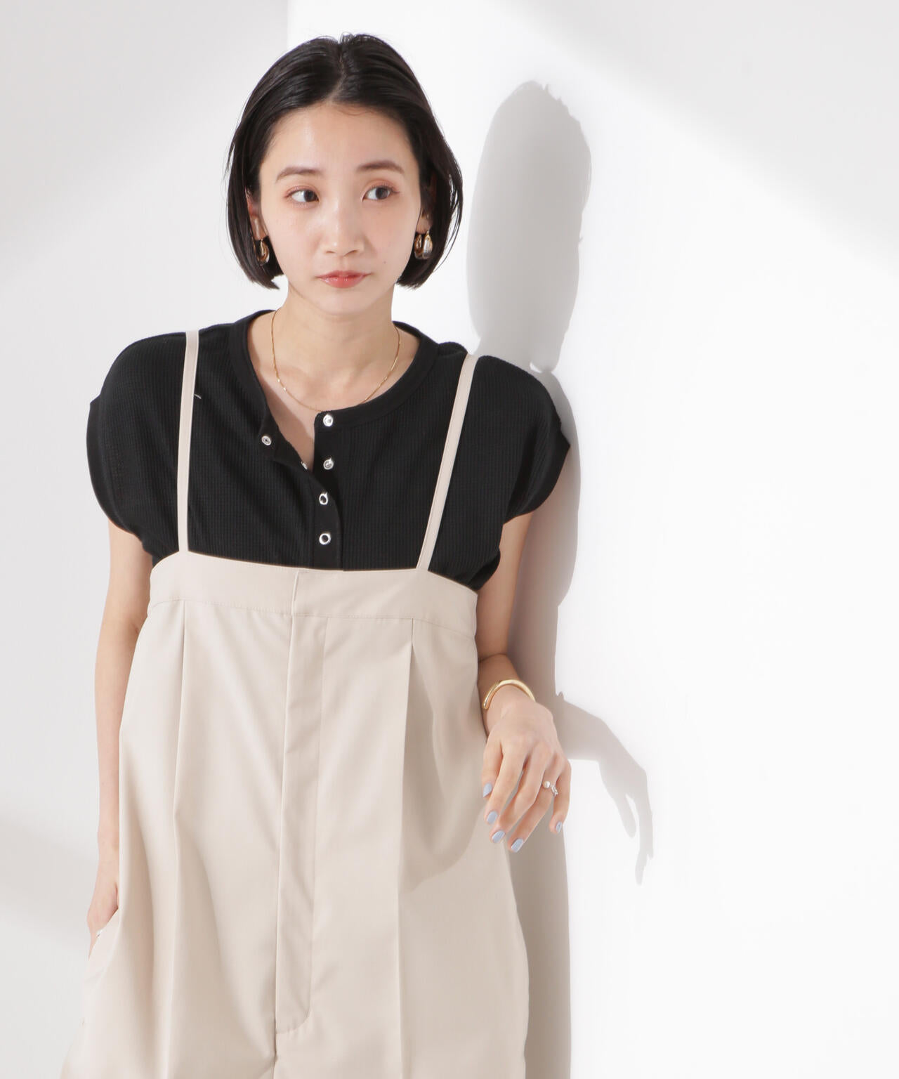 ワッフルヘンリーノースリーブトップス