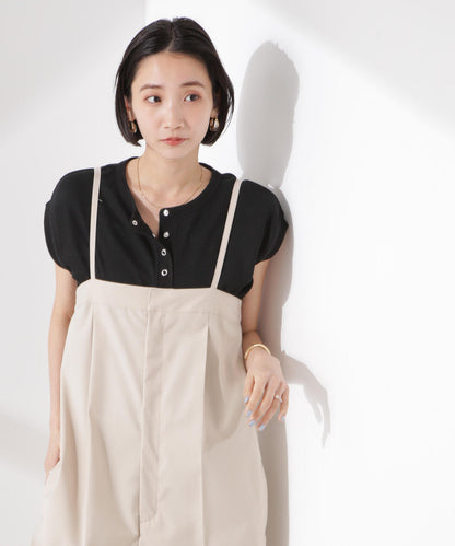 ワッフルヘンリーノースリーブトップス