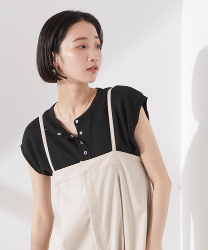 ワッフルヘンリーノースリーブトップス