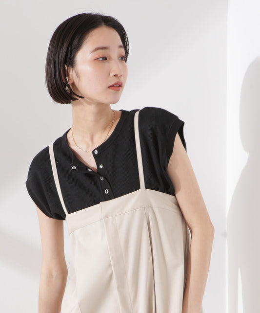 ワッフルヘンリーノースリーブトップス
