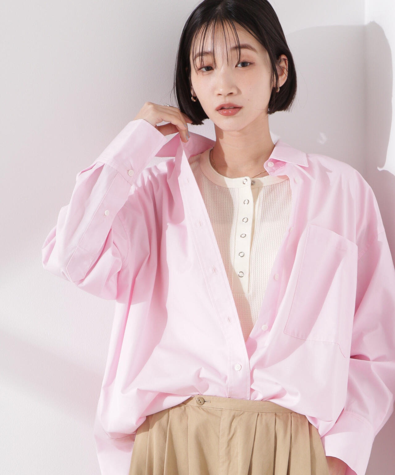 ワッフルヘンリーノースリーブトップス