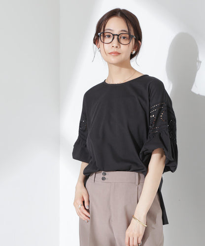 お花柄レース切替バルーンスリーブカットトップス