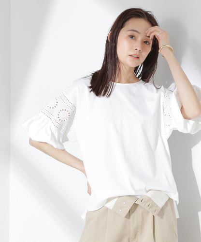 お花柄レース切替バルーンスリーブカットトップス