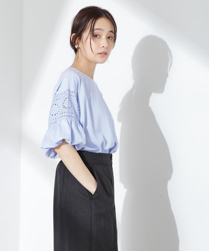 お花柄レース切替バルーンスリーブカットトップス