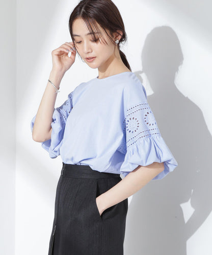 お花柄レース切替バルーンスリーブカットトップス