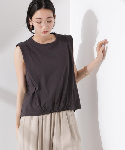 ドライタッチ天竺フロントギャザーヘムノースリーブトップス