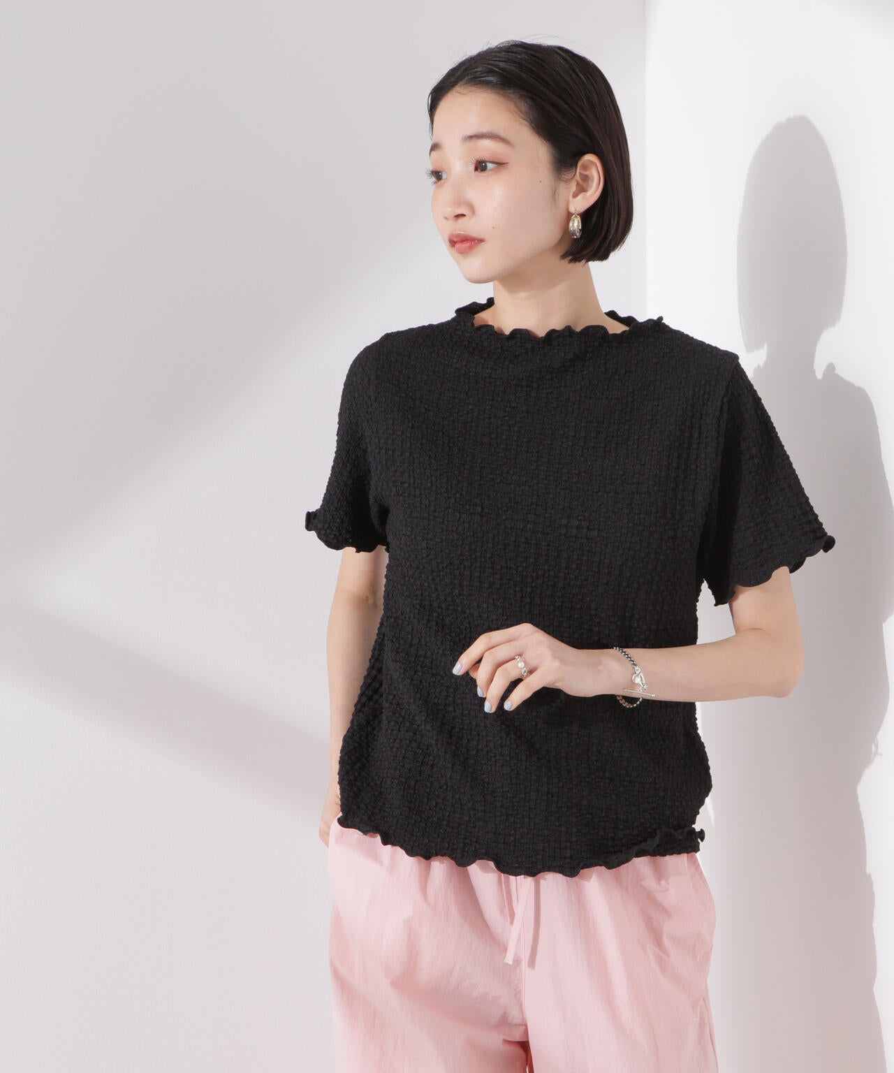 シャーリングジャガード半袖ナロートップス (セットアップ可)