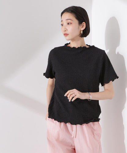 シャーリングジャガード半袖ナロートップス (セットアップ可)