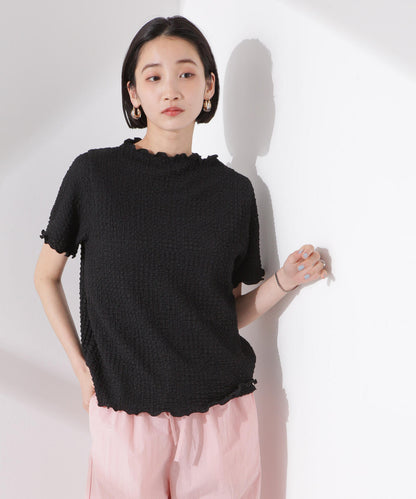シャーリングジャガード半袖ナロートップス (セットアップ可)