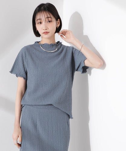 シャーリングジャガード半袖ナロートップス (セットアップ可)