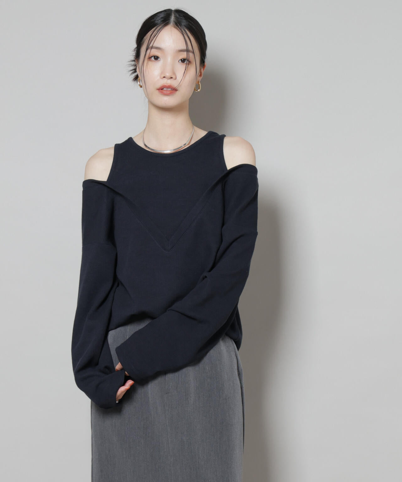 フェイクレイヤードワッフルカットトップス