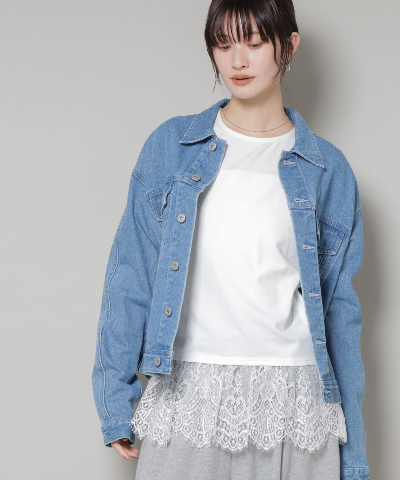 裾レースドッキングロングTシャツ