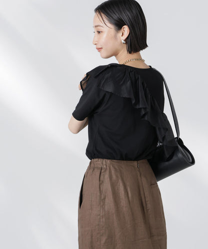 アシンメトリーフリル異素材コンビTシャツ