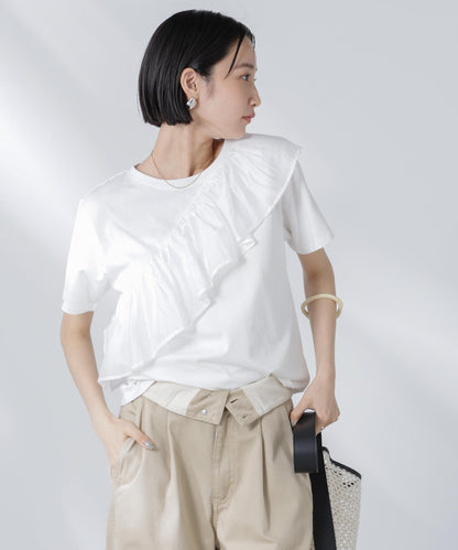 アシンメトリーフリル異素材コンビTシャツ