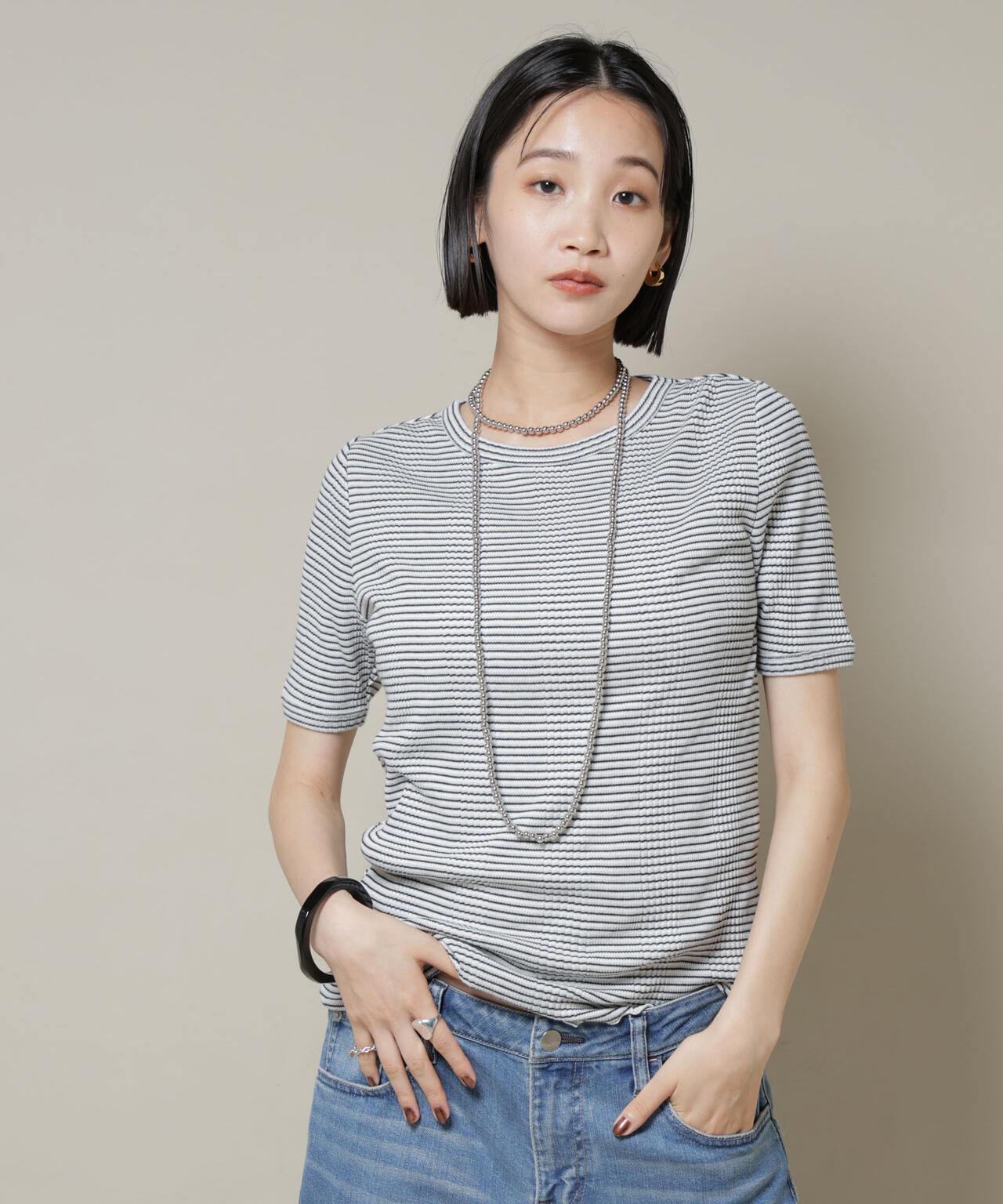 マルチボーダーテレコリブカットトップス