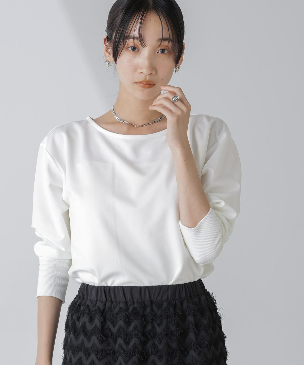 WEB限定/リブ付きれい見えジョーゼットカットソー