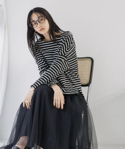 WEB限定/ボーダーワイドドロップトップス