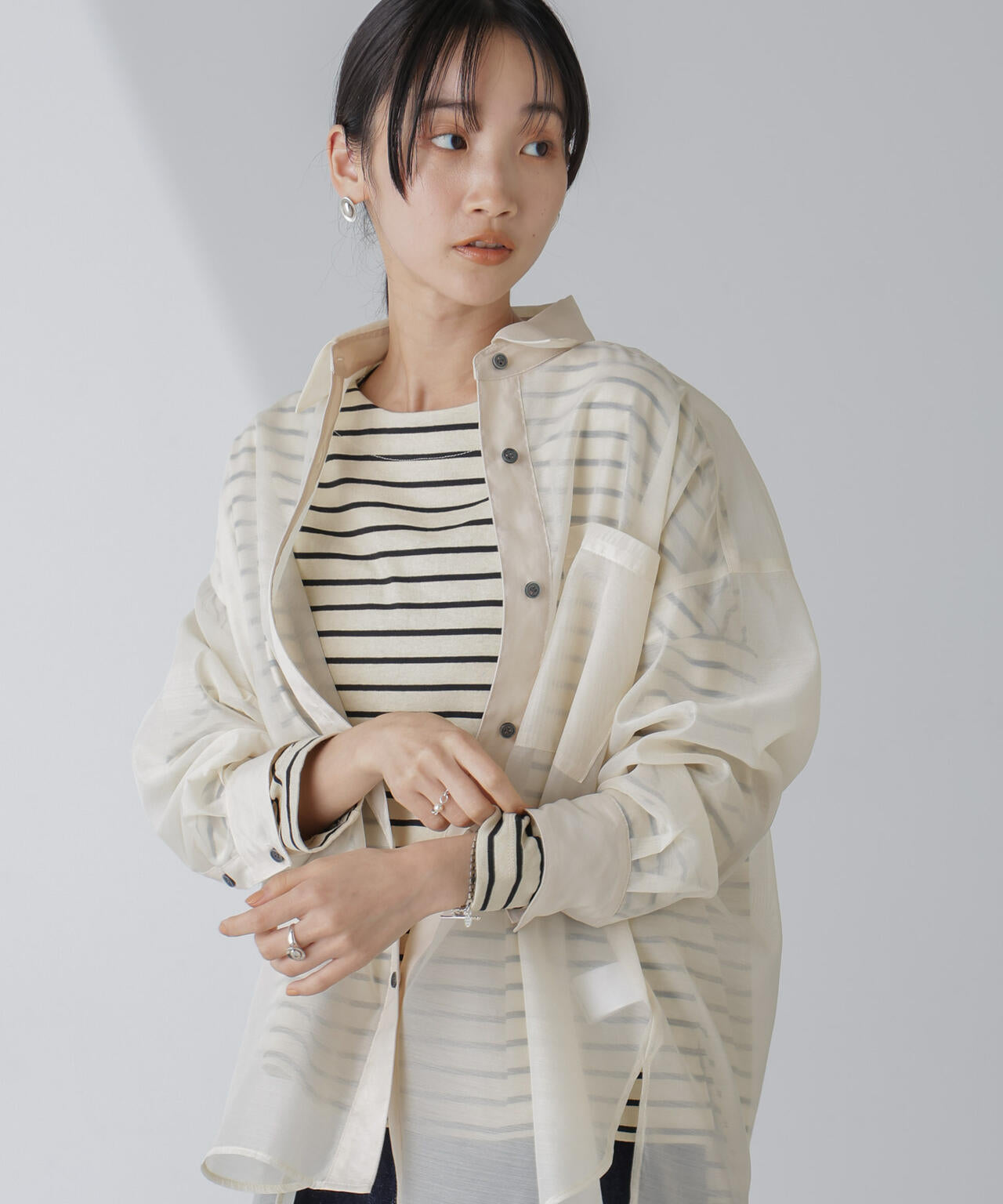 WEB限定/ボーダーワイドドロップトップス