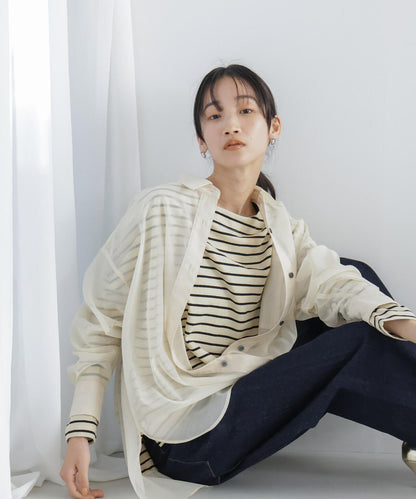 WEB限定/ボーダーワイドドロップトップス