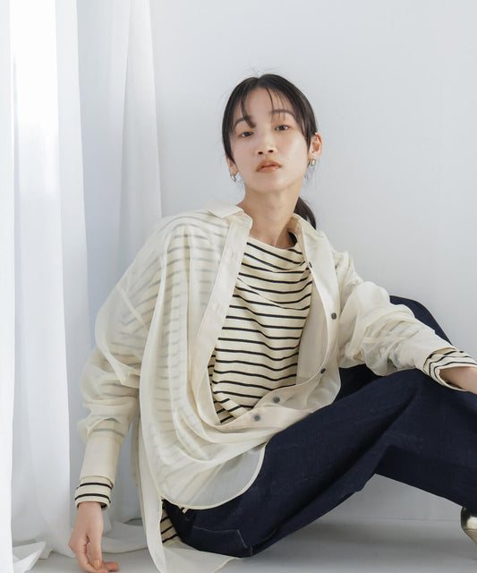 WEB限定/ボーダーワイドドロップトップス